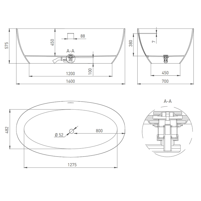 Salini Alda Ванна из S-Sense отдельностоящая 160x70 см, цвет: белый глянцевый 101914G
