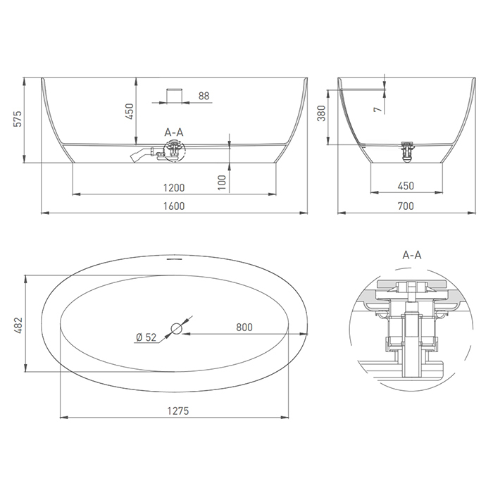 Salini Alda Ванна из S-Stone отдельностоящая 160x70 см, цвет: белый матовый 101924M