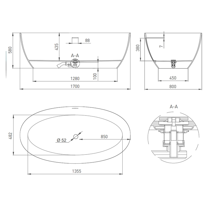 Salini Alda Ванна из S-Stone отдельностоящая 170x80 см, цвет: белый матовый 101922M