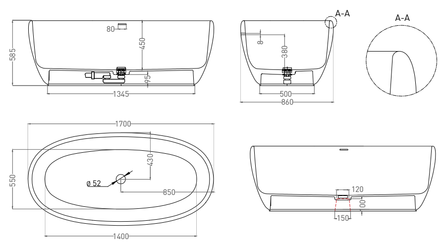 Salini Luce Ванна из S-Stone отдельностоящая 169x87 см, цвет: RAL полностью матовый 100121MF
