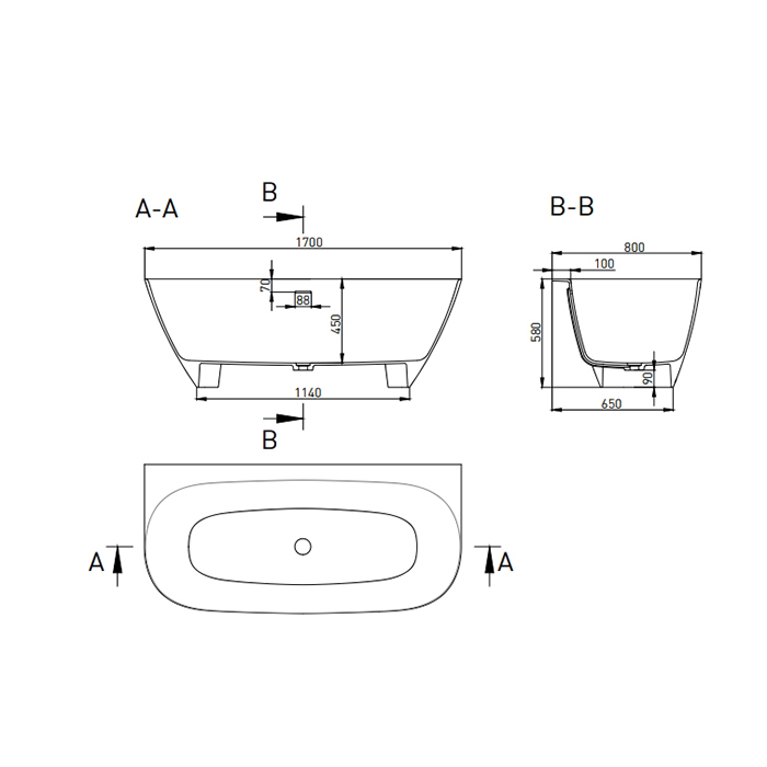 Salini Sofia Ванна S-Stone пристенная, округлая, перелив по центру, 170х79,5 см, цвет: белый матовый 102522M