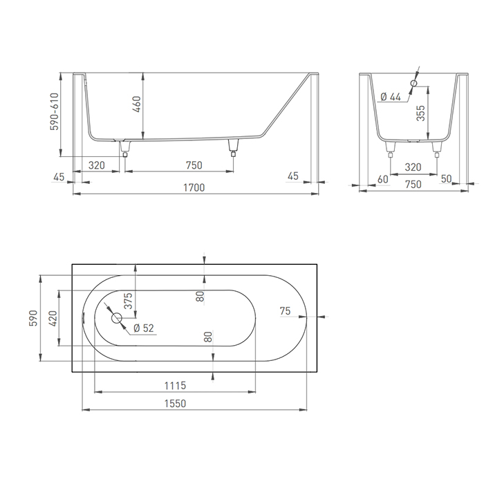 Salini Ornella Ванна S-Sense встраиваемая, прямоугольная, 170х75 см, цвет: белый глянцевый 102311G