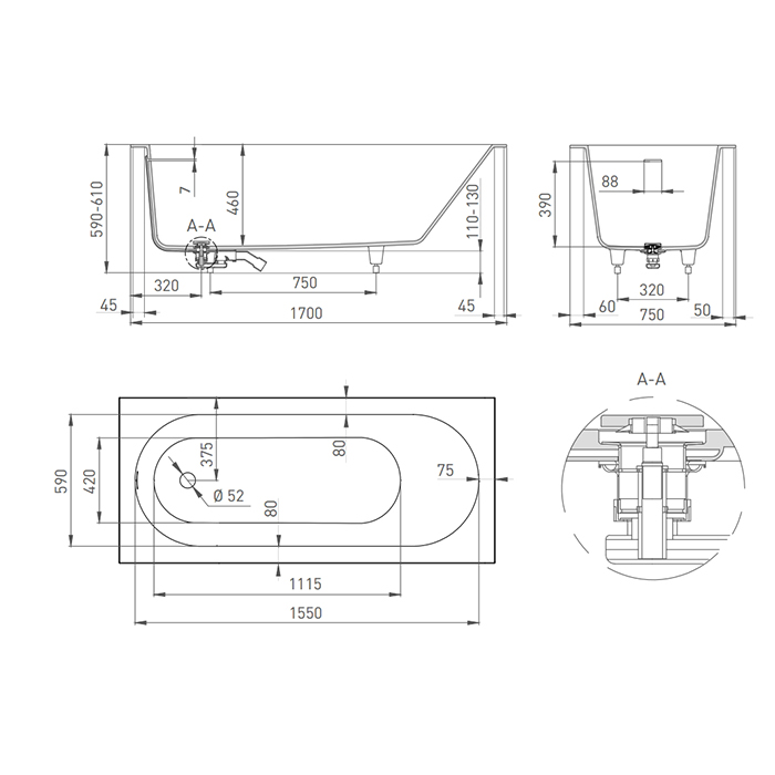 Salini Ornella Kit Ванна из S-Sense встраиваемая 170x75 см, цвет: белый глянцевый 102411G