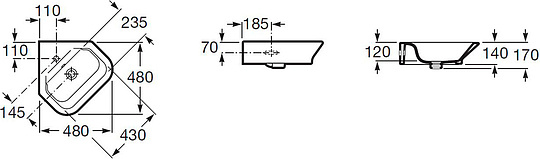 Roca Gap Раковина подвесная 48х48 см, угловая, с переливом, без д/к, цвет: белый глянцевый 32747R000