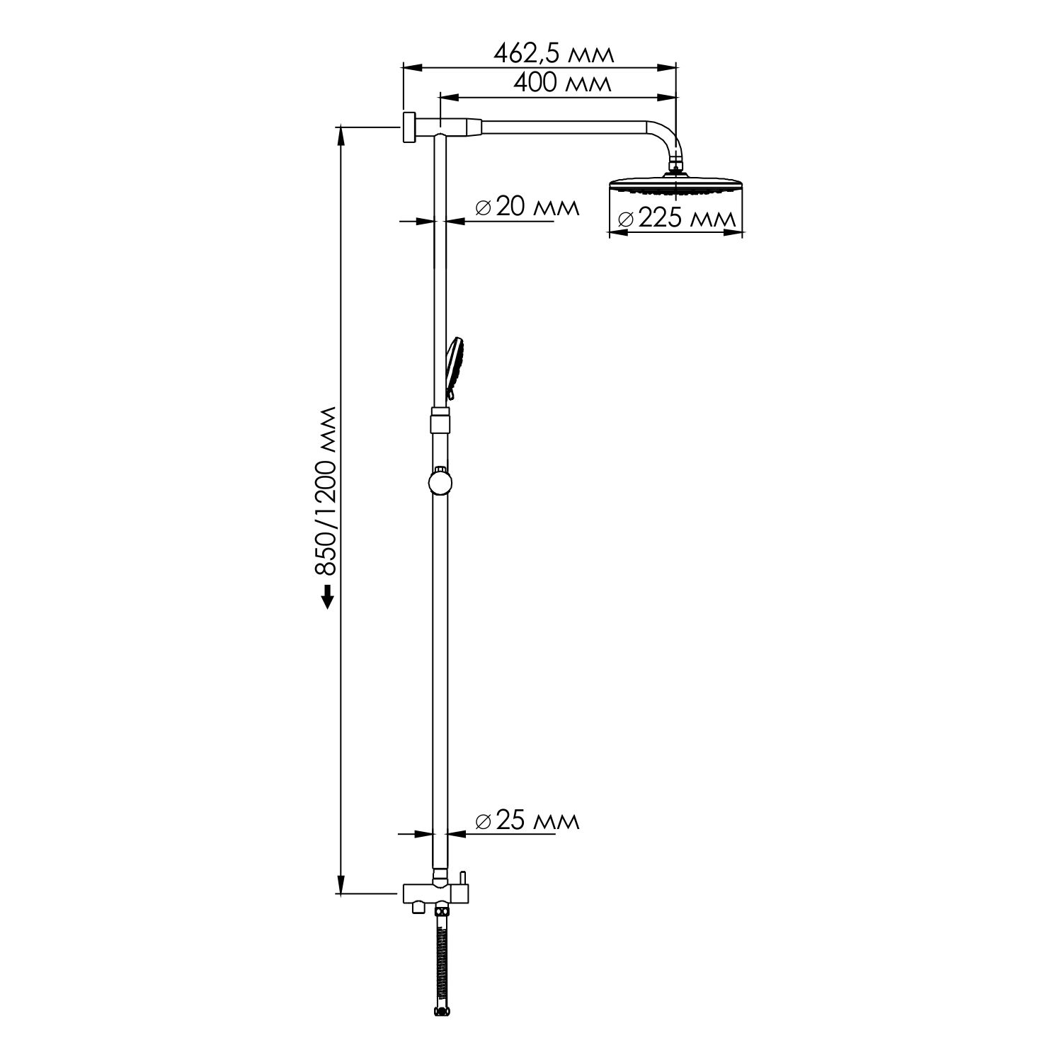 Wasserkraft Душевая стойка: смеситель, ручной душ 3 вида струи, шланг, верхний душ, цвет: хром A066
