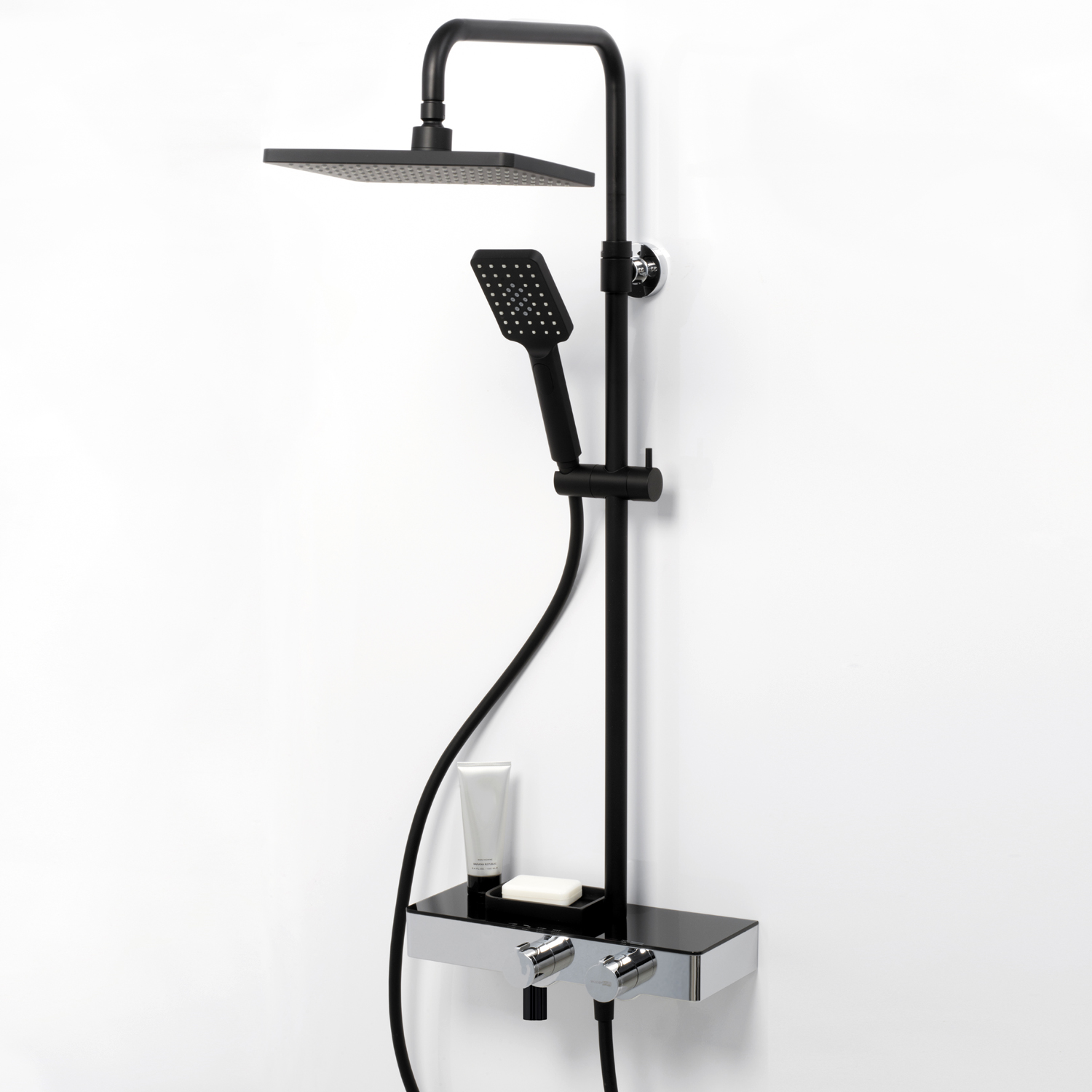 Wasserkraft Душевая стойка: термостат, ручной душ 3 вида струи, шланг, верхний душ, цвет: черный A11401