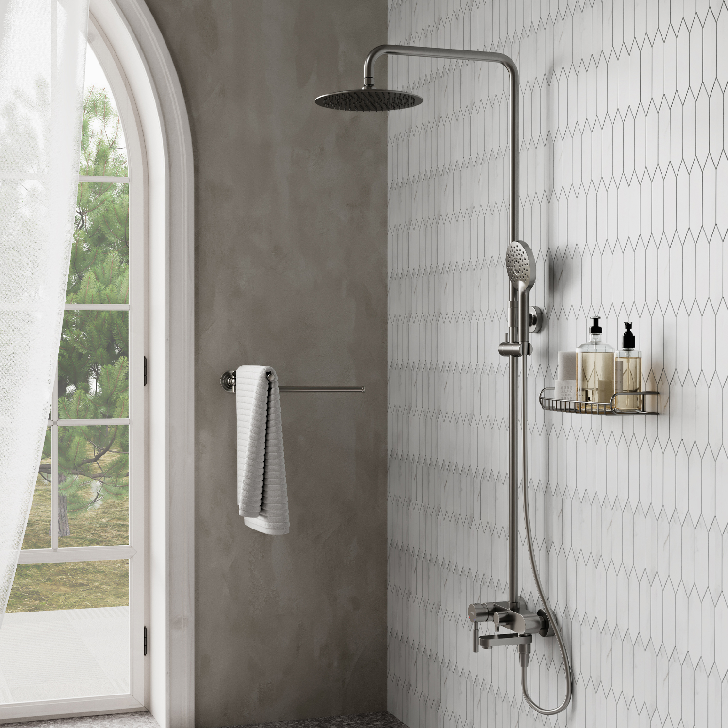 Wasserkraft Душевая стойка: смеситель, ручной душ 3 вида струи, шланг, верхний душ, цвет: никель A14201