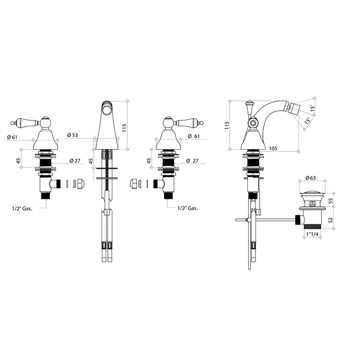 Bongio Capri Смеситель для биде на 3отв., цвет золото 17503OR00