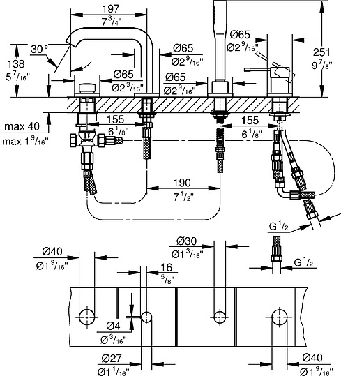 Grohe Essence New Смеситель на борт ванны, с ручным душем, 4 отверстия, цвет: хром 19578001