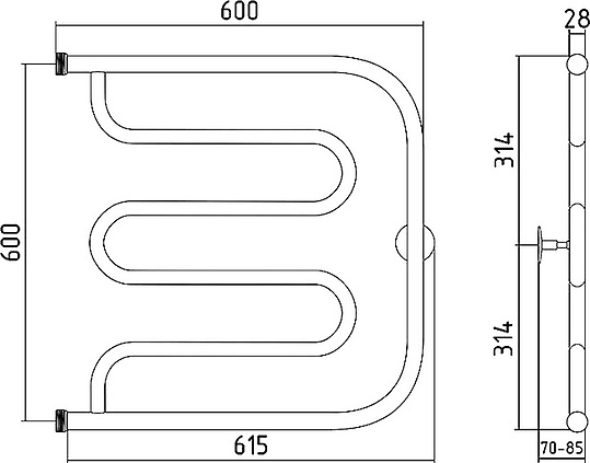 Стилье Тандем Полотенцесушитель водяной для ГВС 61,5x62,8h см, цвет: без покрытия 00011-6060