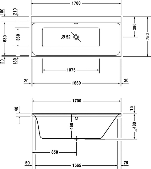 Duravit P3 Comforts Ванна акриловая 170х75 см, цвет белый 700376000000000
