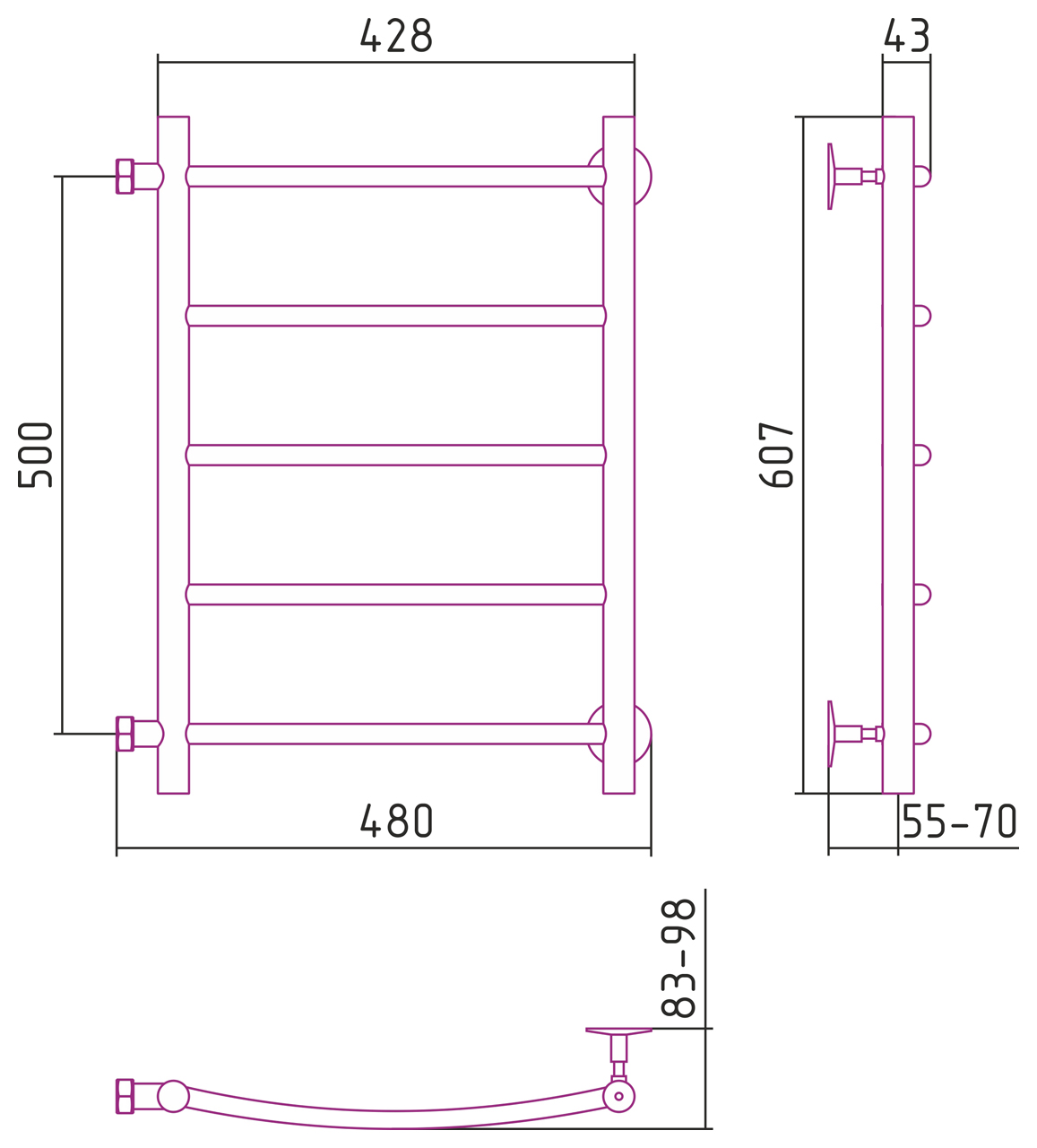 Стилье Версия-Б2 Полотенцесушитель водяной 40x50h, цвет: черный глянцевый 17612-5040