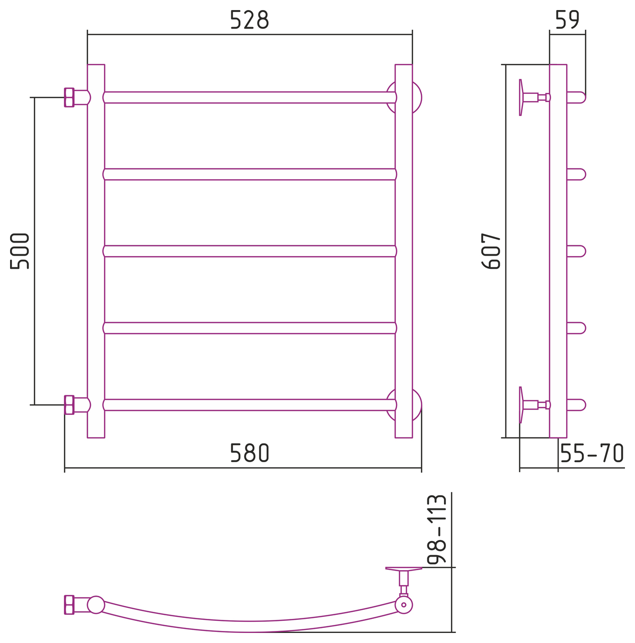 Стилье Версия-Б2 Полотенцесушитель водяной 50x50h, цвет белый глянцевый 12612-5050