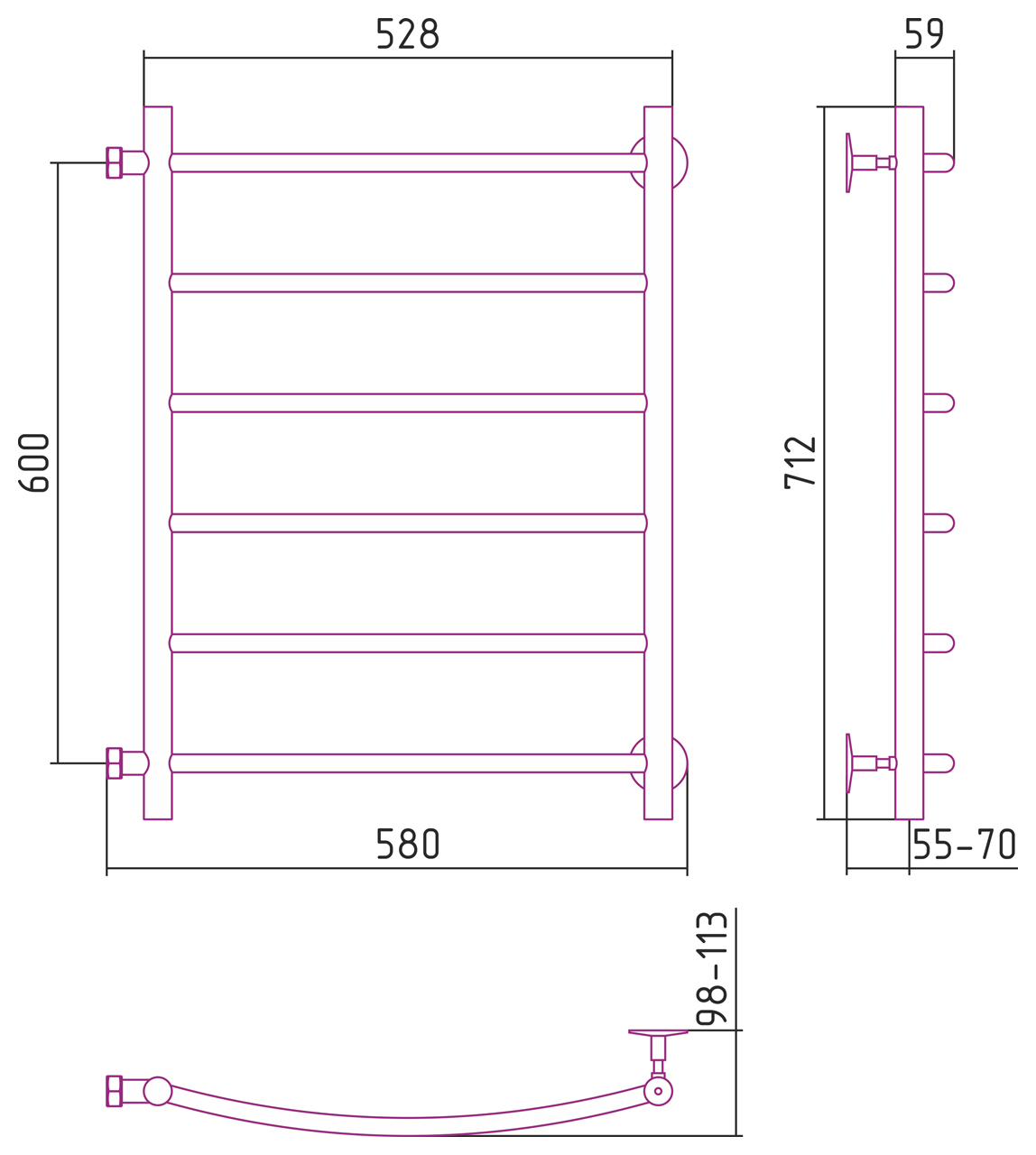 Стилье Версия-Б2 Полотенцесушитель водяной 50x60h, цвет черный глянцевый 17612-6050