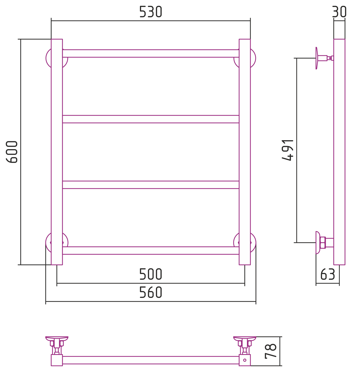 Стилье Версия-КН Полотенцесушитель водяной 50x60h, цвет черный глянцевый 17640-6050
