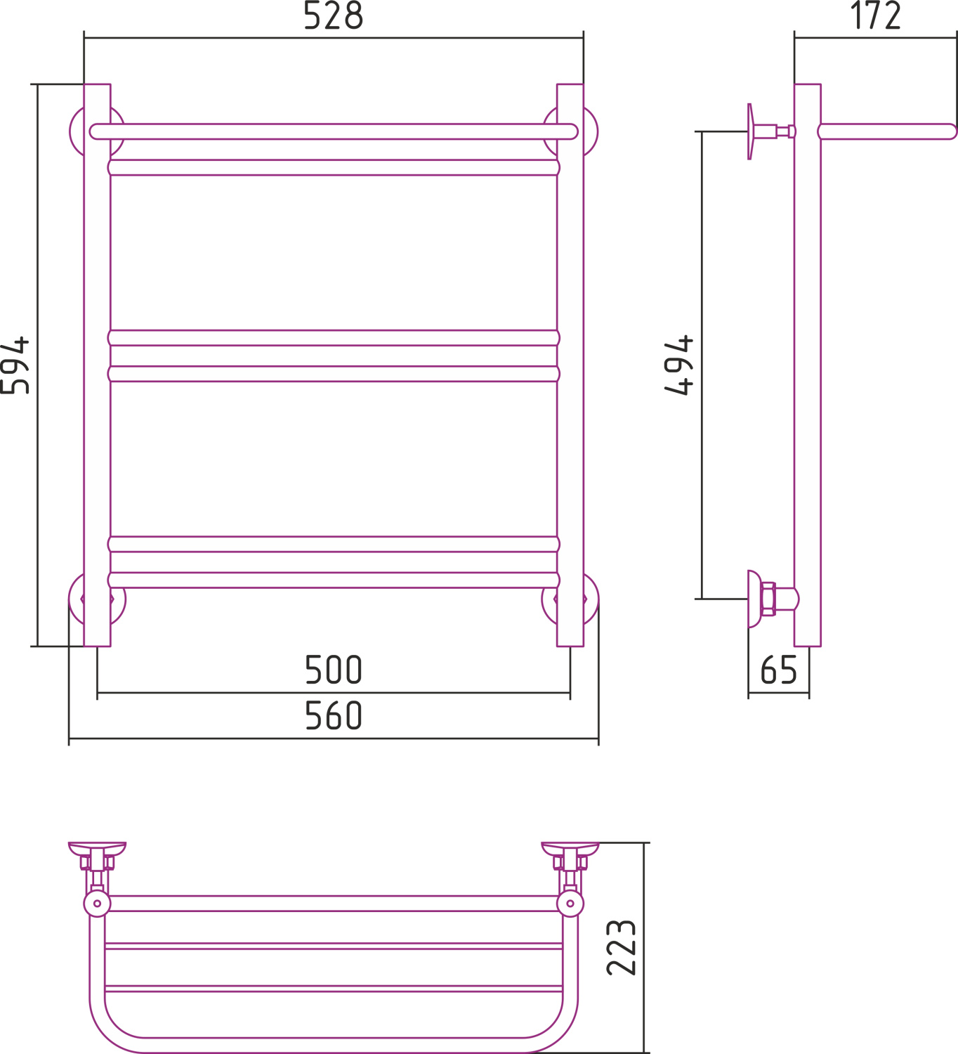 Стилье Версия-Н1 Полотенцесушитель водяной 50x60h, цвет черный глянцевый 17621-6050