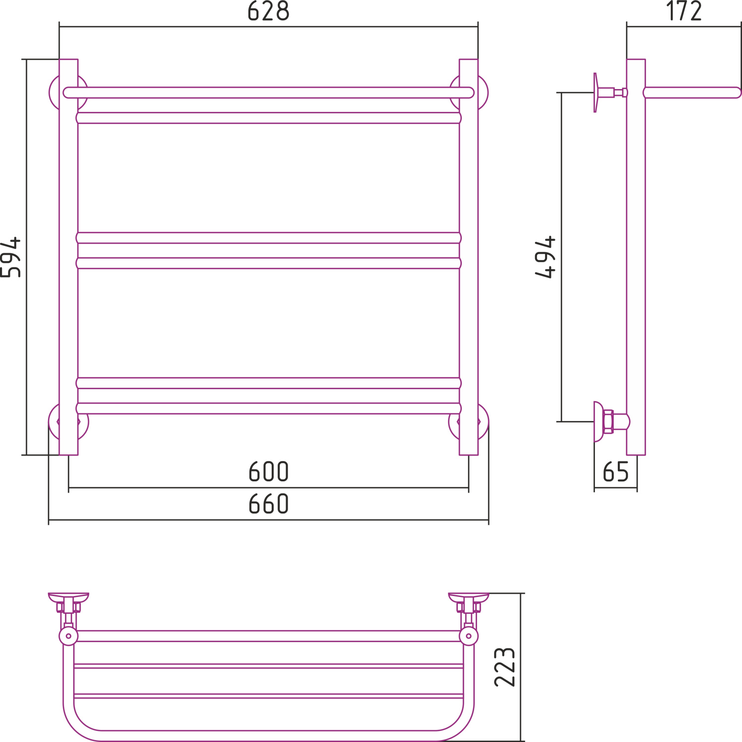 Стилье Версия-Н1 Полотенцесушитель водяной 60x60h, цвет черный глянцевый 17621-6060