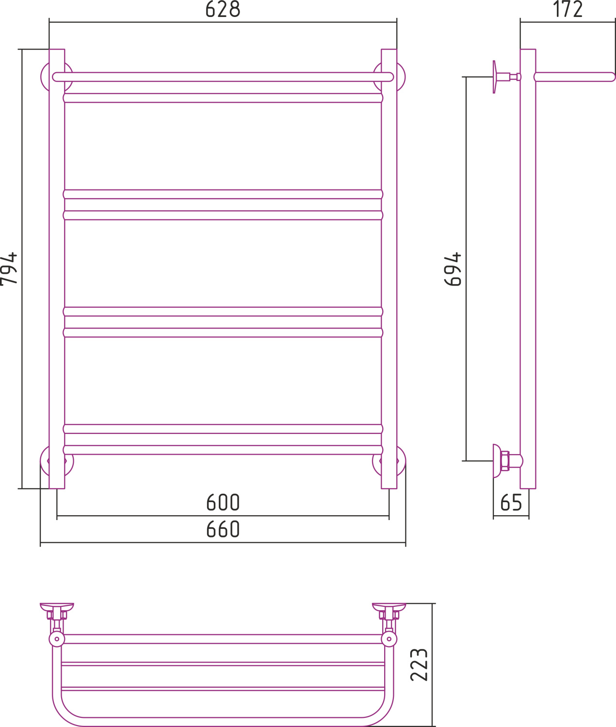 Стилье Версия-Н1 Полотенцесушитель водяной 60x80h, цвет черный глянцевый 17621-8060