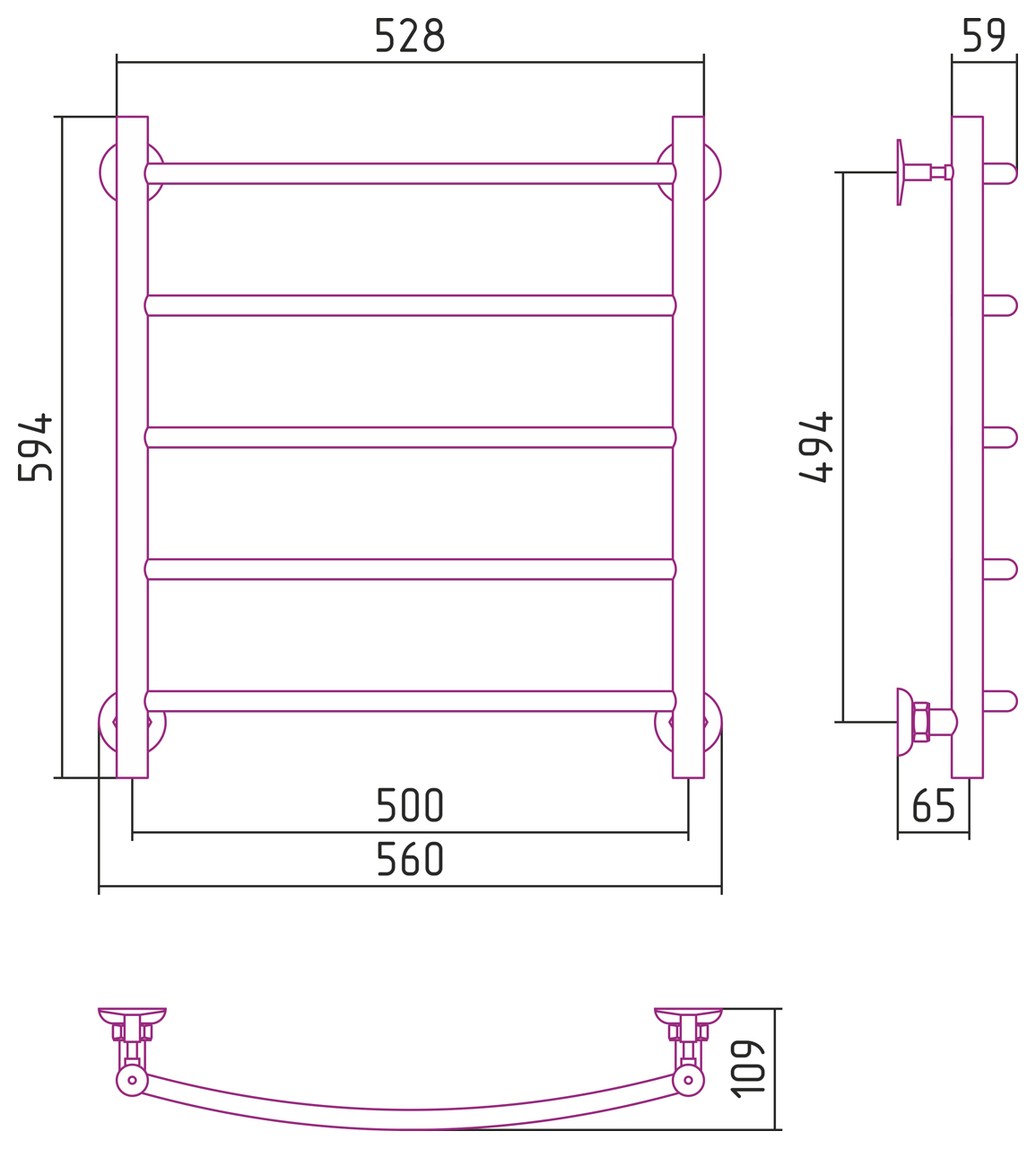 Стилье Версия-Н2 Полотенцесушитель водяной 50x60h, цвет черный глянцевый 17622-6050