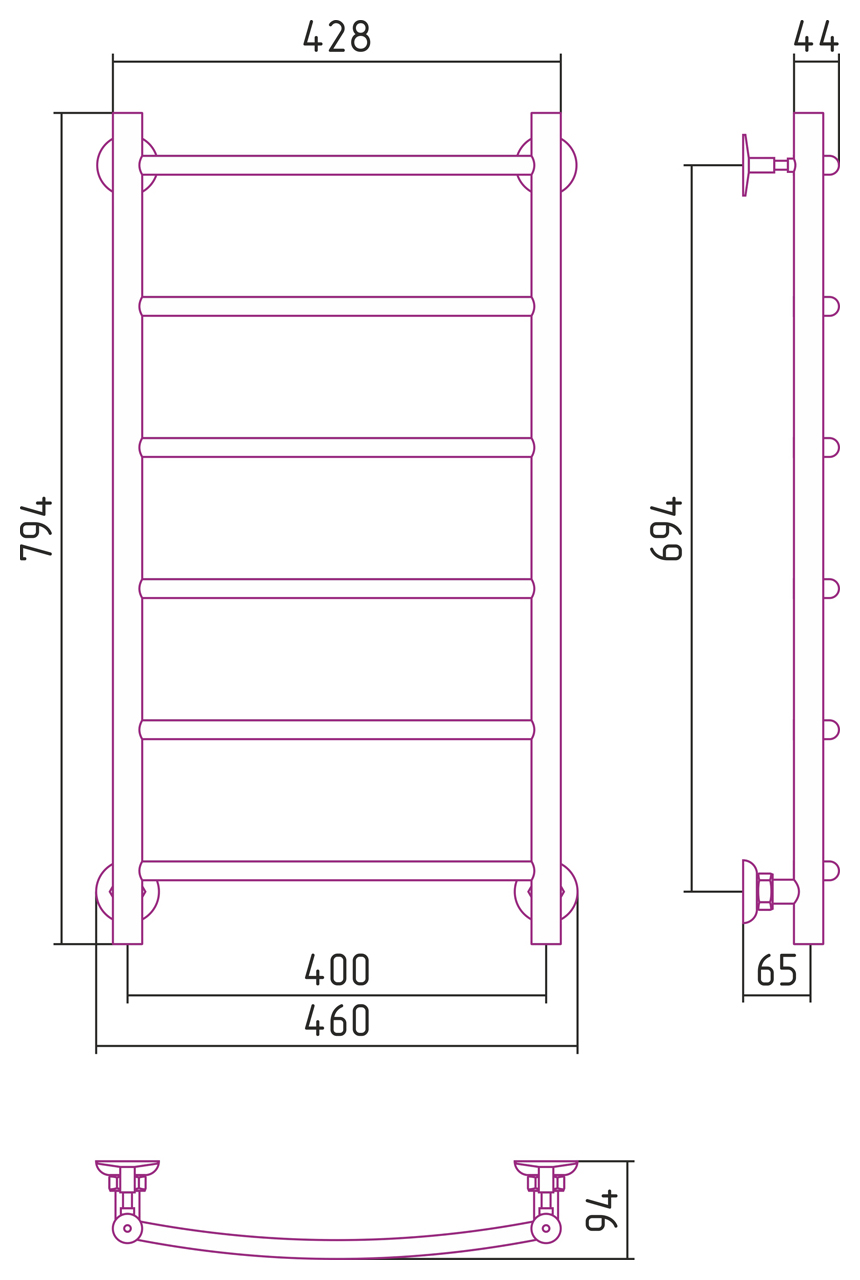 Стилье Версия-Н2 Полотенцесушитель водяной 40x80h, цвет черный глянцевый 17622-8040