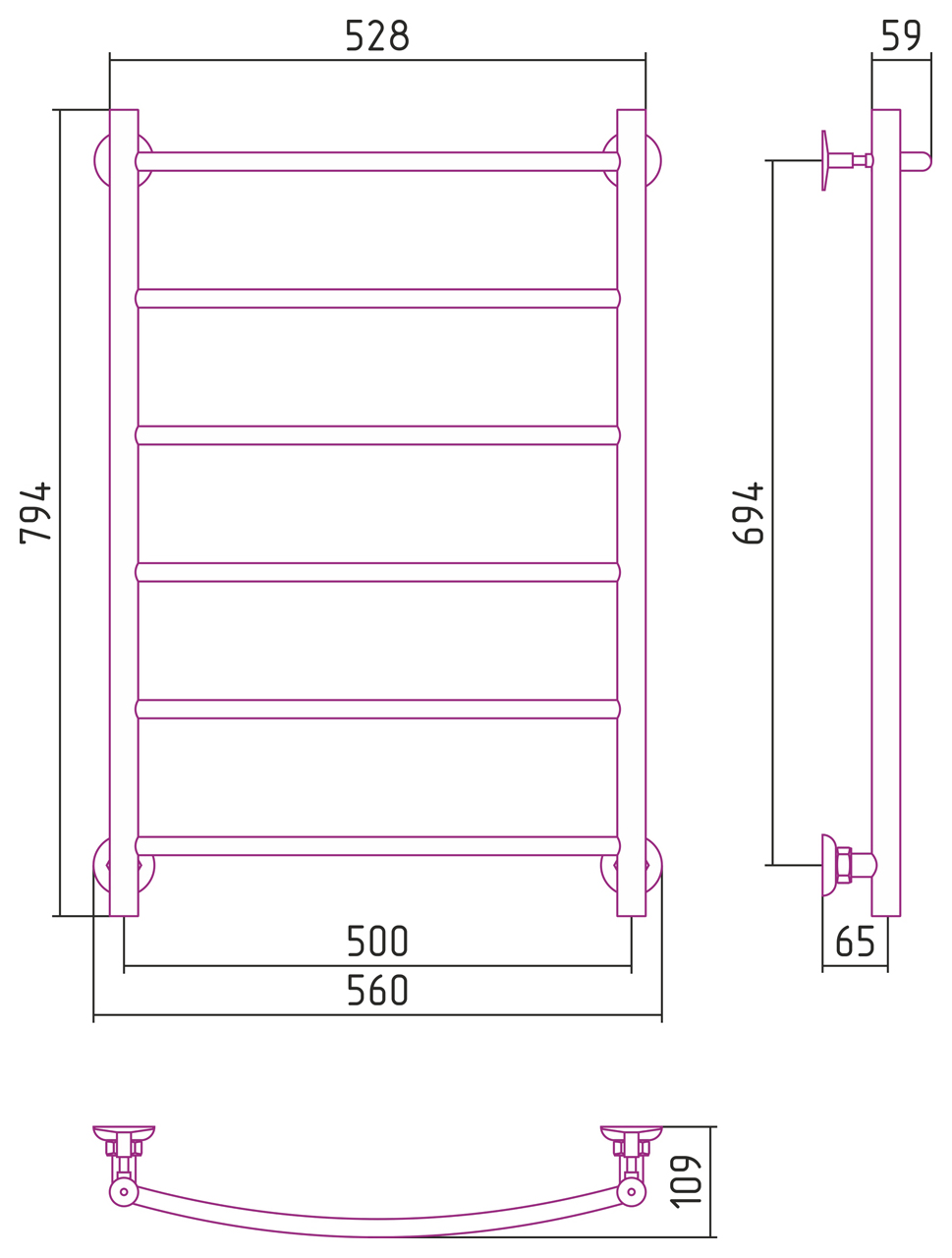 Стилье Версия-Н2 Полотенцесушитель водяной 50x80h, цвет черный глянцевый 17622-8050