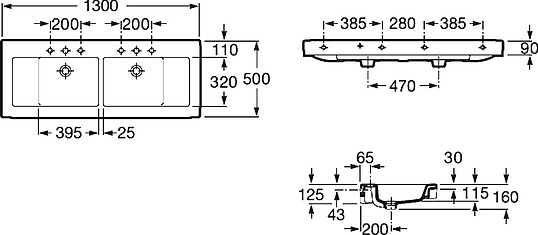 Roca Stratum Раковина подвесная 130х50 см, двойная, без перелива, цвет: белый глянцевый 327630000