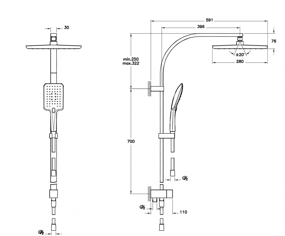VitrA Shine Square Душевая стойка с верхним душем, цвет: хром A45699EXP