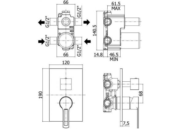 Paffoni Ringo Смеситель встраиваемый для душа на 2 выхода с накладкой, цвет: черный мат. RIN018NO/M
