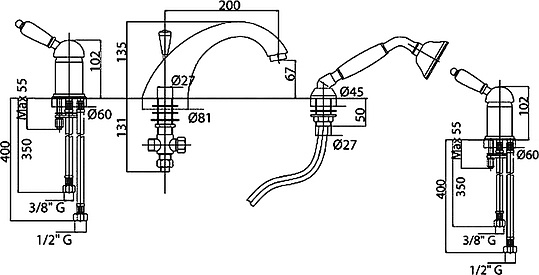 Смеситель Cezares Elite BVDM 02 Bi на борт ванны ELITE-BVDM-02-Bi