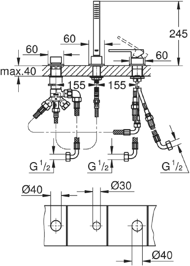 Grohe Plus Смеситель на борт ванны, с ручным душем, 3 отверстия, цвет: хром 23845003