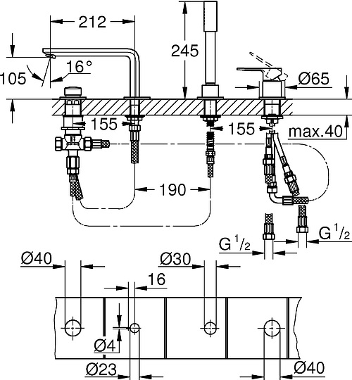 Grohe Lineare New Смеситель на борт ванны, с ручным душем, 4 отверстия, цвет: суперсталь 19577DC1