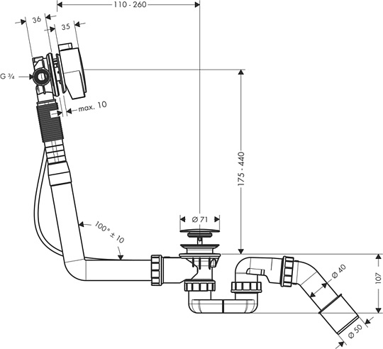 Hansgrohe Exafill S Слив-перелив с изливом на ванну, для стандартных ванн, тросик 52 см цвет: хром 58113000