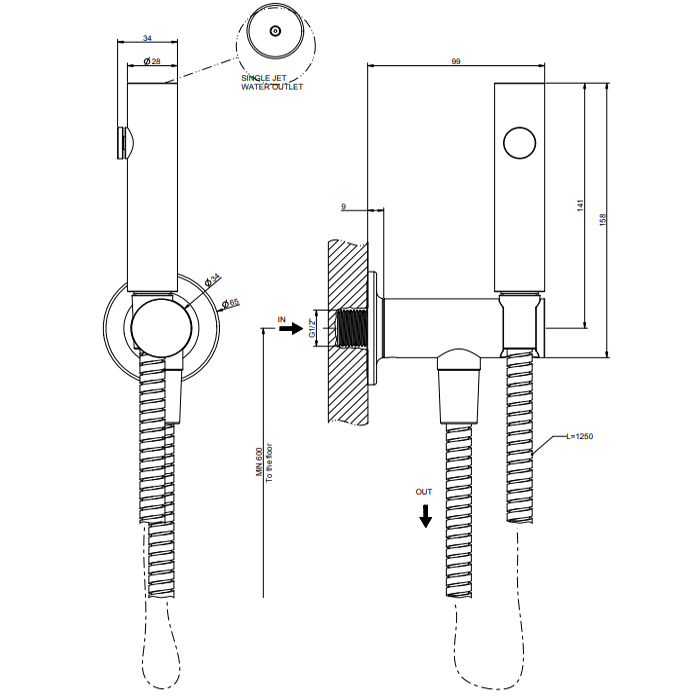 Gessi Inciso Гигиенический душ одноструйный, держатель с подводом воды, шланг 125 см, цвет: chrome 58151#031
