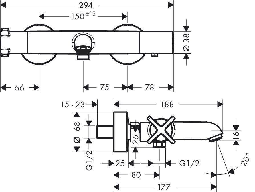 Axor Citterio E Термостат для ванны c крестообразной рукояткой, излив 17,7 см, цвет: хром 36140000