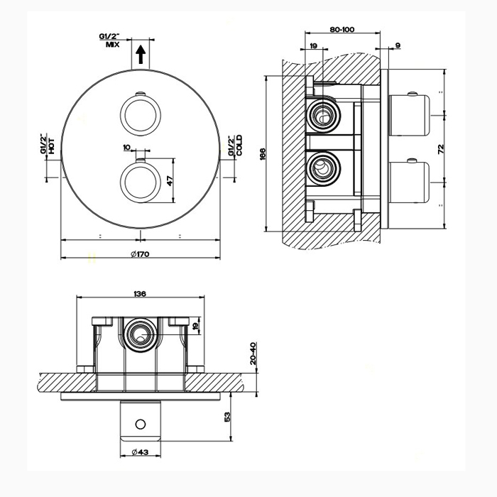 Gessi Goccia Термостат для душа встраиваемый, запорный вентиль, внешняя часть, цвет: chrome 33842#031