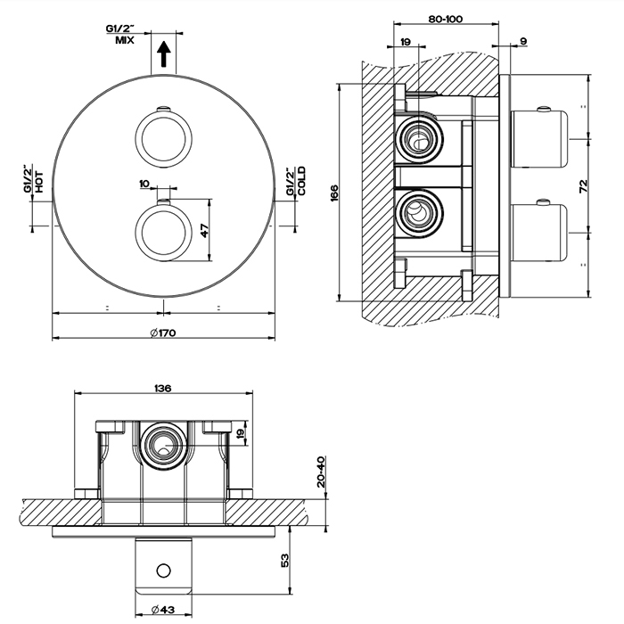 Gessi Goccia Термостат для душа встраиваемый, запорный вентиль, внешняя часть, цвет: chrome brushed 33842#147