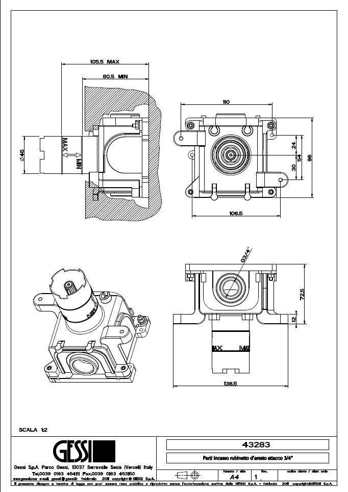 Gessi Внутренняя часть запорного крана для термостатического смесителя 43283#031