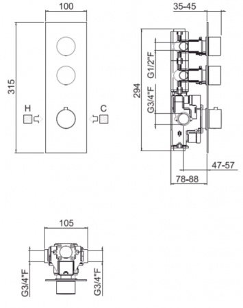 Carimali Встраиваемая часть для термостатического смесителя с 2-мя независимыми выходами W21029CR
