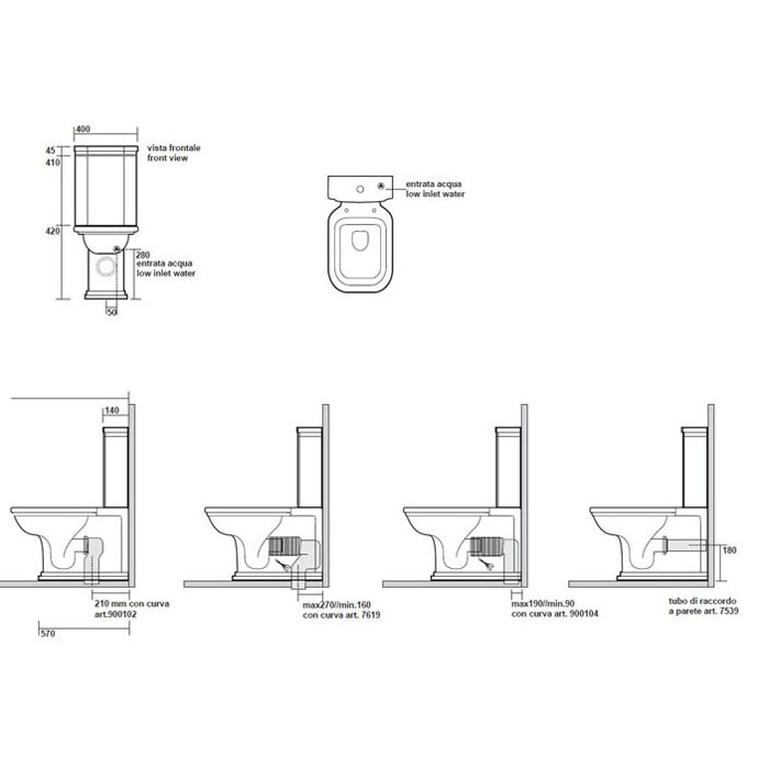 Kerasan Waldorf Бачок для унитаза моноблок с боковой ручкой, без механизма, цвет: Bianco lucido 417901
