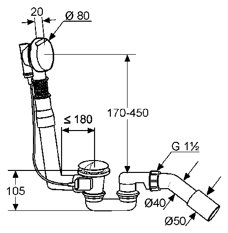 Kludi Rotexa 2000 Слив-перелив для ванны G11/2, 5 см, цвет: белый/хром 2140605-00
