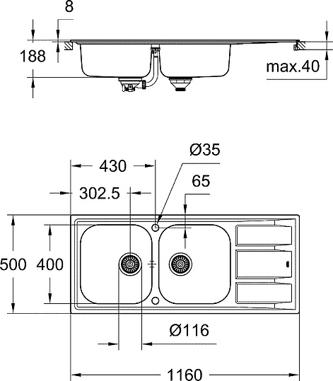 Grohe K400 Кухонная мойка двойная из нержавеющей стали 116x20 см, с крылом, цвет: нержавеющая сталь 31587SD0