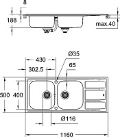 Grohe K400 Кухонная мойка двойная из нержавеющей стали 116x20 см, с крылом, цвет: нержавеющая сталь 31587SD0