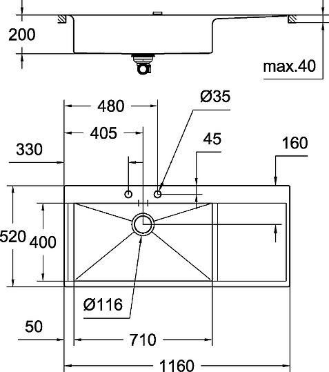 Grohe K1000 Кухонная мойка из нерж. стали 116x20 см, с крылом и доп. чашей, цвет: нержавеющая сталь 31581SD0