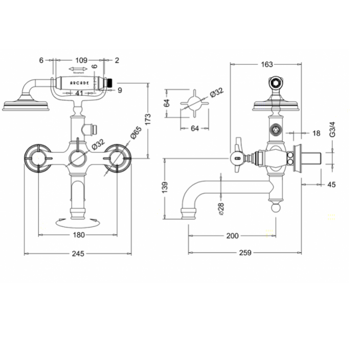 Burlington Arcade Смеситель для ванны с ручным душем и держателем, без ручек, цвет: хром глянцевый ARC 2019 CHR