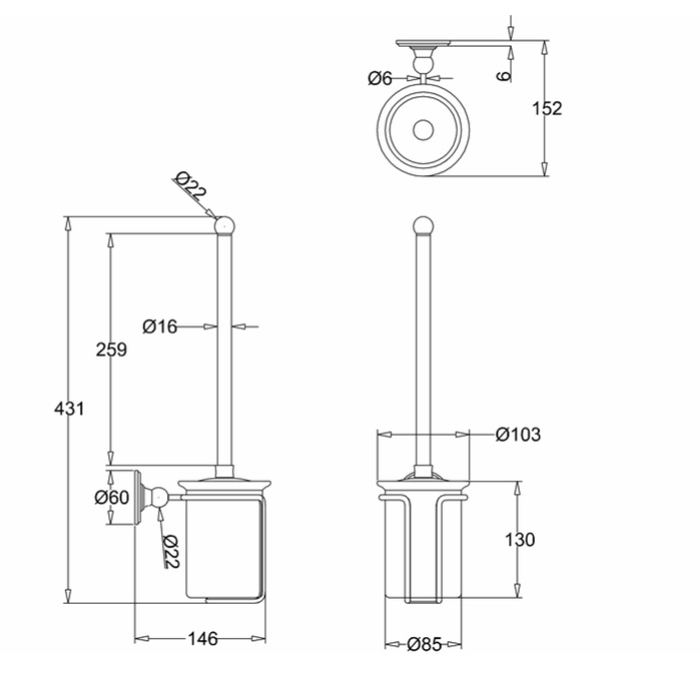 Burlington Gold Ершик для унитаза подвесной с керамической колбой, цвет: золото глянцевое A8 GOLD
