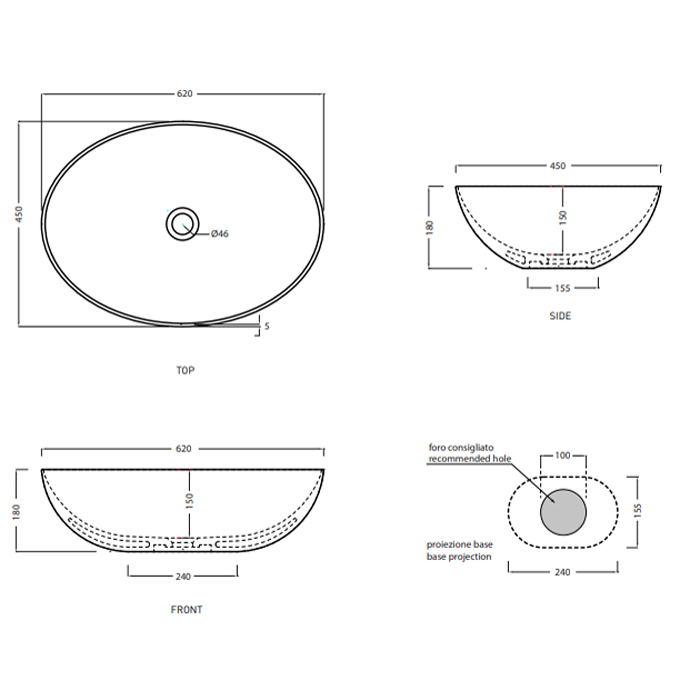 Cielo Era-Eco Раковина накладная 62x45xh18 см, овальная, цвет: basalto BAECOBA
