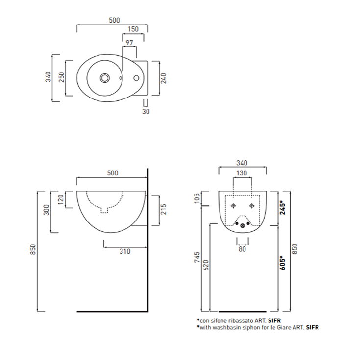 Cielo Le Giare Раковина подвесная 34х50хh30 см, цвет: глянцевый белый LGLS