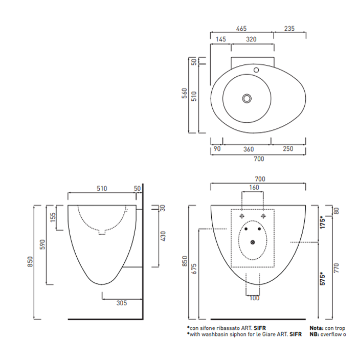 Cielo Le Giare Раковина подвесная 70х56хh59 см, цвет: глянцевый белый LGLS70