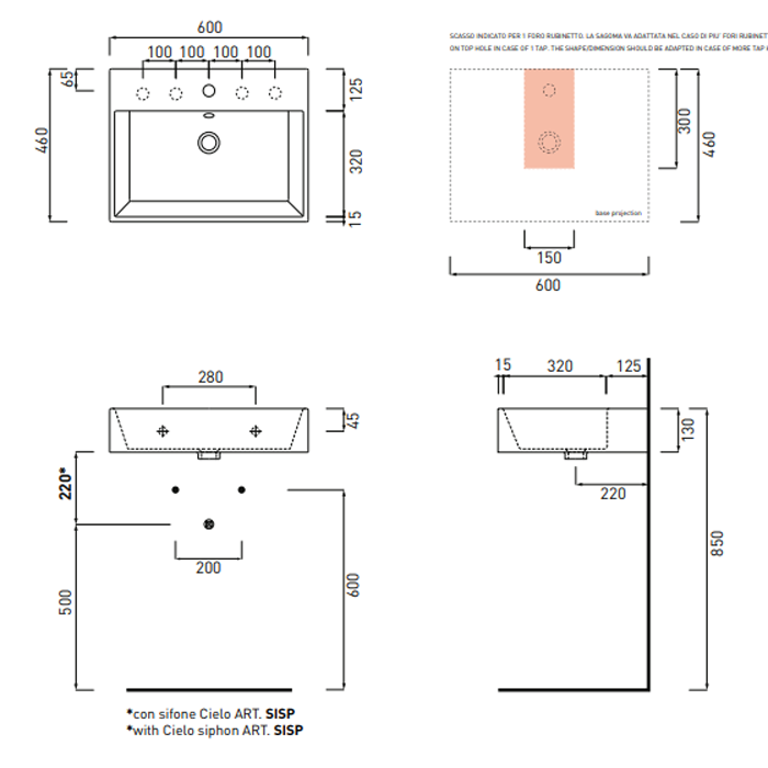 Cielo Smile Раковина подвесная 60х46хh13 см, 1 отв, цвет: cacao SMLAA60CA