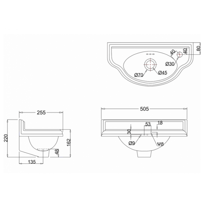 Burlington Cloakroom Раковина подвесная 51х26 см, перелив, 1 отв. под смеситель, цвет: белый глянец P13R